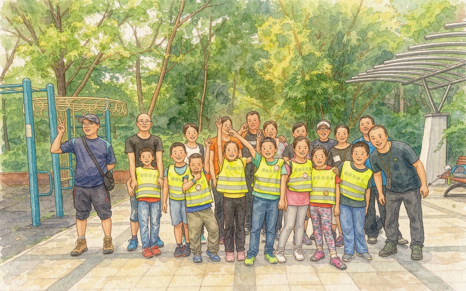 夏令营孩子们穿着安全背心参与户外活动