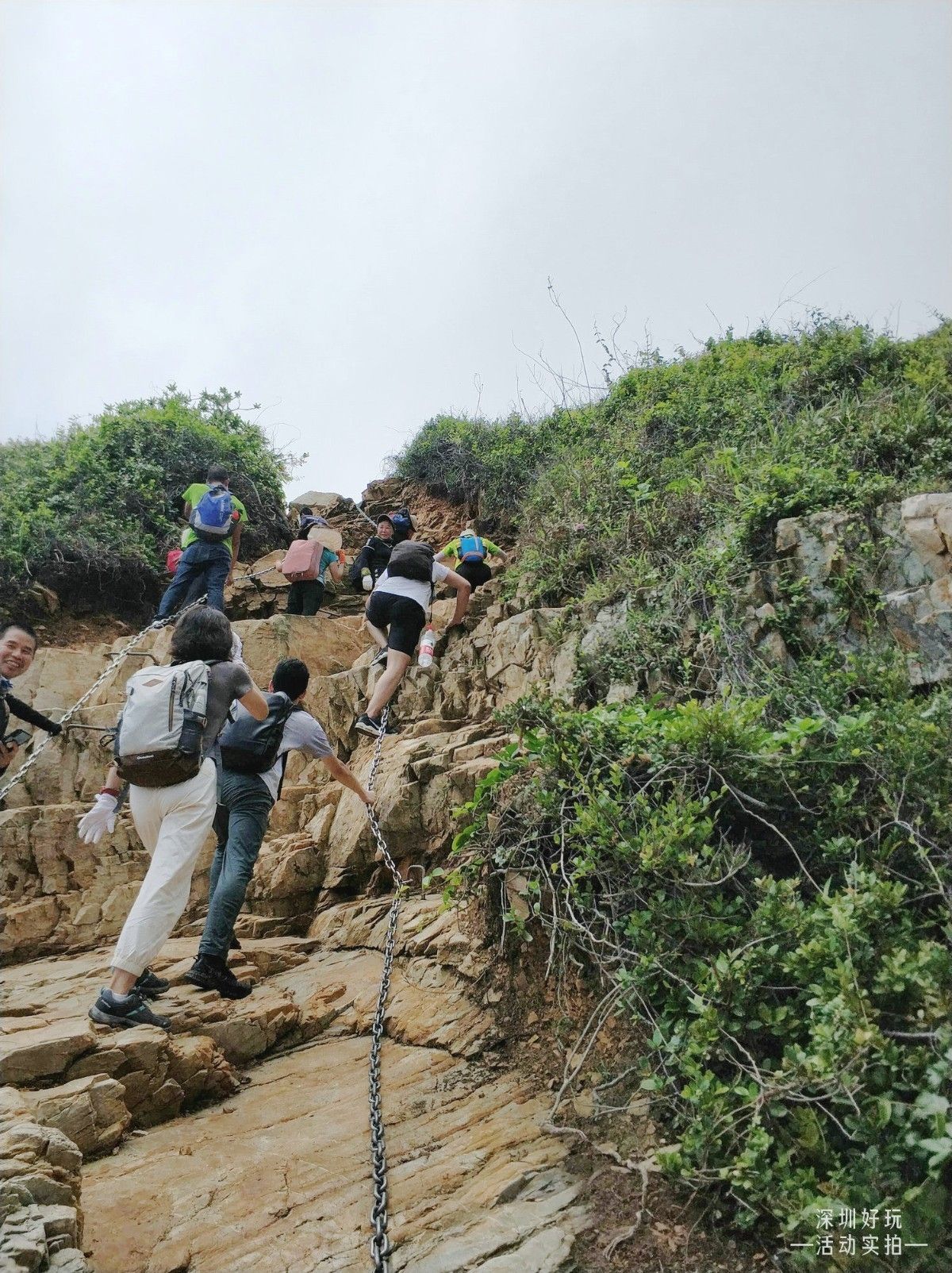 Climbing the rope-protected rock section